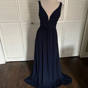 Formal V-neck Navy Blue Long Dress